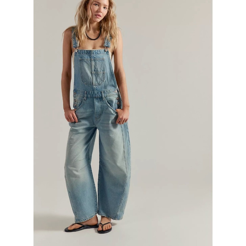 We The Free Good Luck Overall Denim Jumpsuit Light Wash Blue Women Size XS